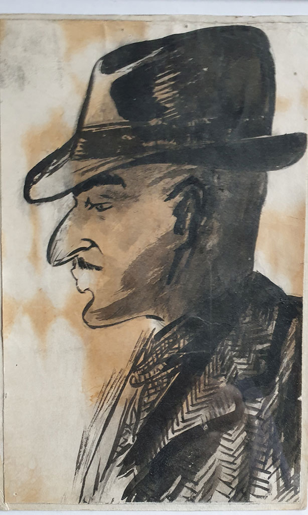 Selbstporträt im Profil mit dem Hut, Papier, Tusche, 1950 Selbstporträt im Profil mit dem Hut, Papier, Tusche, 1950