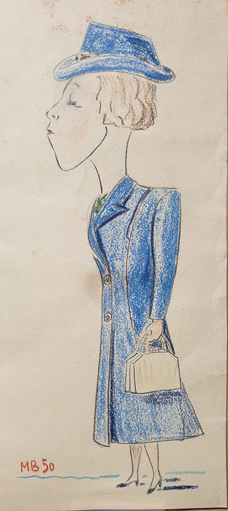 Freundliche Karikatur von meiner Mutter, gezeichnet vom Vater, wie sie nach Hause kommt, Papier Buntstifte 1950 Freundliche Karikatur von meiner Mutter, gezeichnet vom Vater, wie sie nach Hause kommt, Papier Buntstifte 1950