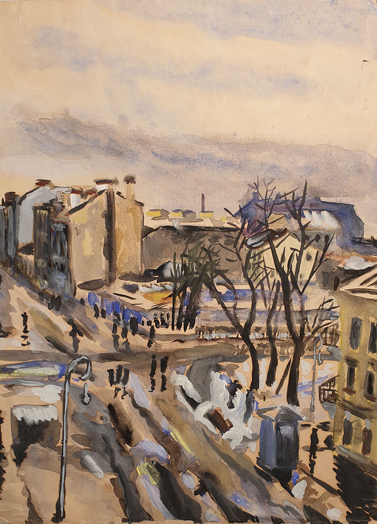 Stadtansicht von Leningrad in den Fünfziger Jahren, Papier Aquarell Stadtansicht von Leningrad in den Fünfziger Jahren, Papier Aquarell