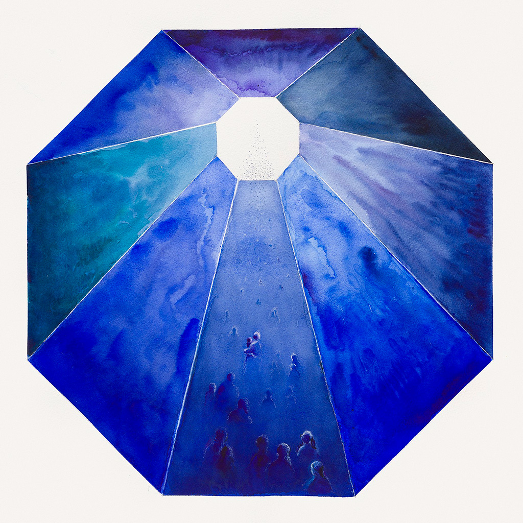 2018, Aquarell, Deckweiß und Kreide auf Papier, 58 x 58 cm, Prozession in die Ewigkeit, Nina Werzbinskaja-Rabinowich