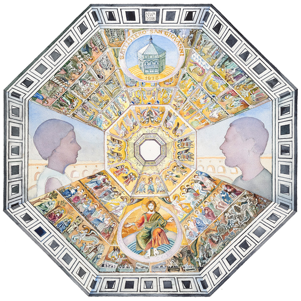 2018, Aquarell, Bleistift und Buntstift auf Papier, 58 x 58 cm, Firenze, mon amour. 40 Jahre später, Nina Werzbinskaja-Rabinowich