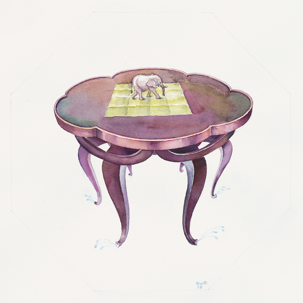 2018, Aquarell auf Papier, 50 x 50 cm, Elefantenrüsseltisch auf sechs Beinen nach einem Entwurf von Adolf Loos (1870-1930),  Nina Werzbinskaja-Rabinowich