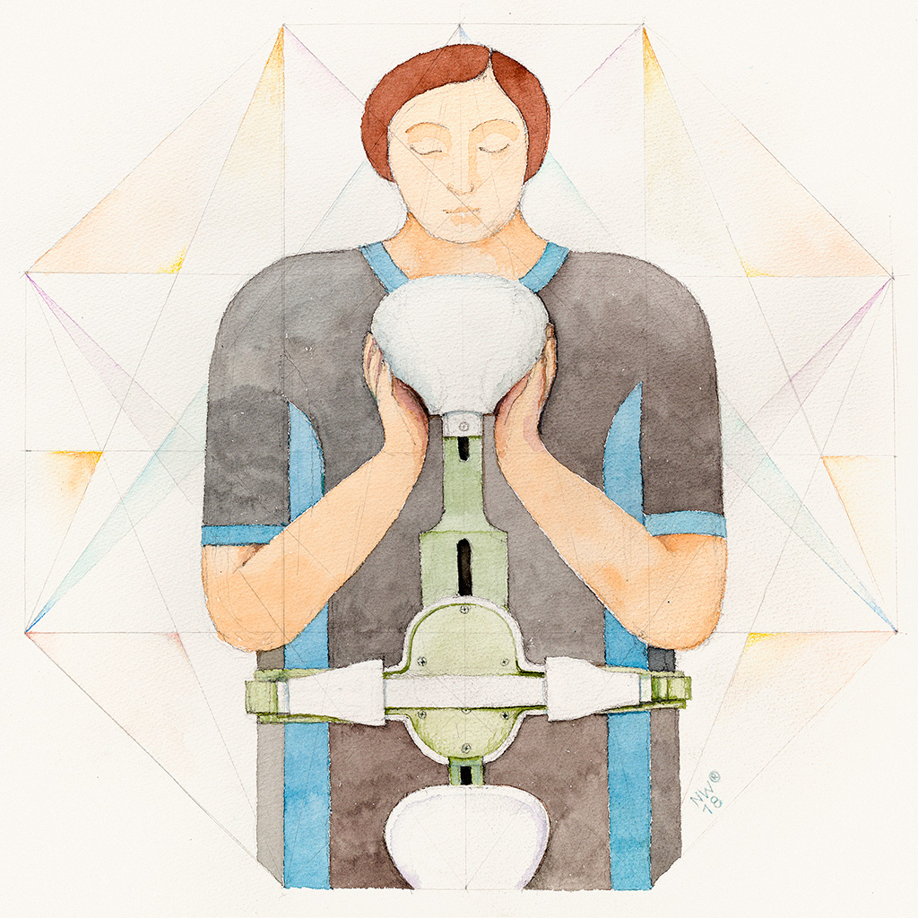 2018, Aquarell über Bleistift auf Papier, 50 x 50 cm, “Orthopädisches Selbstporträt“, Nina Werzbinskaya-Rabinowich