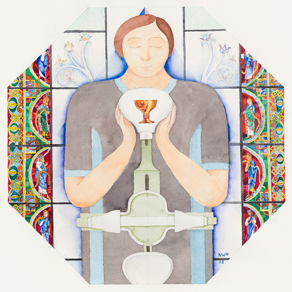 2018, Aquarell über Bleistift auf Papier, 50 x 50 cm, “Orthopädisches Selbstporträt mit heiligem Gral, genesend“, Nina Werzbinskaja-Rabinowich