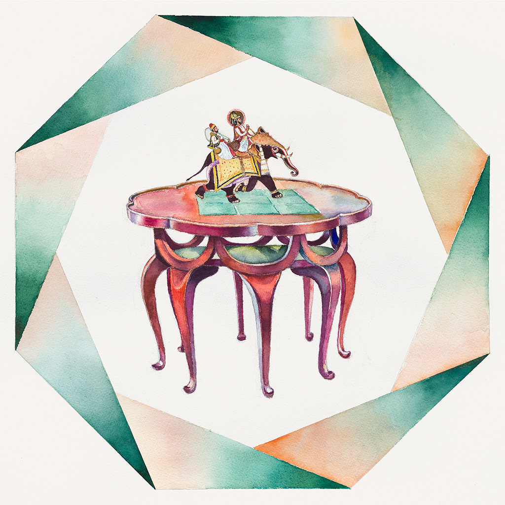 2018, Aquarell auf Papier, 58 x 58 cm, Elefantenrüsseltisch nach einem Entwurf von Adolf Loos (1870-1930): Elefanten-Ritt, Nina Werzbinskaja-Rabinowich