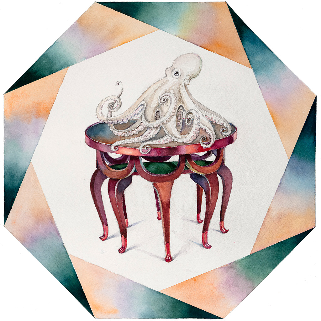 2018, Aquarell über Bleistift auf Papier, 58 x 58 cm, Elefantenrüsseltisch nach einem Entwurf von Adolf Loos (1870-1930): Oktopus im Oktogon, Nina Werzbinskaja-Rabinowich