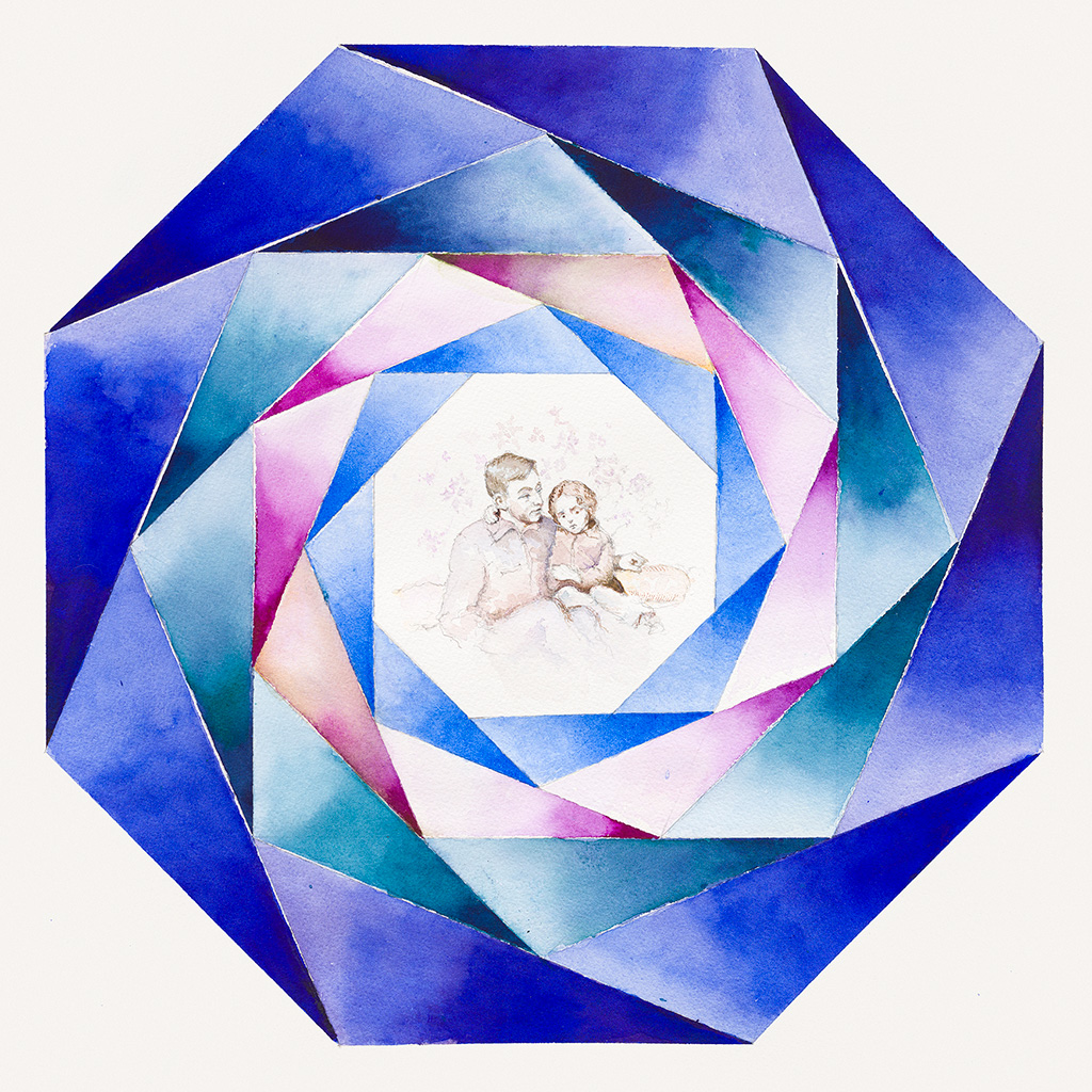 2018, Aquarell auf Papier, 58 x 58 cm, Kaleidoskop der Zeit II. Bruder und Schwester, Nina Werzbinskaja-Rabinowich