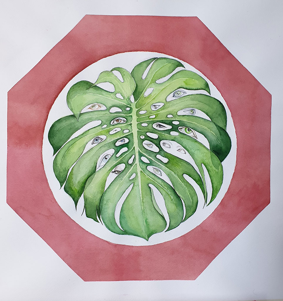 2019, Aquarell über Bleistift auf Papier, 60 x 60 cm, “Ein Blatt namens Argus”, Nina Werzbinskaja-Rabinowich