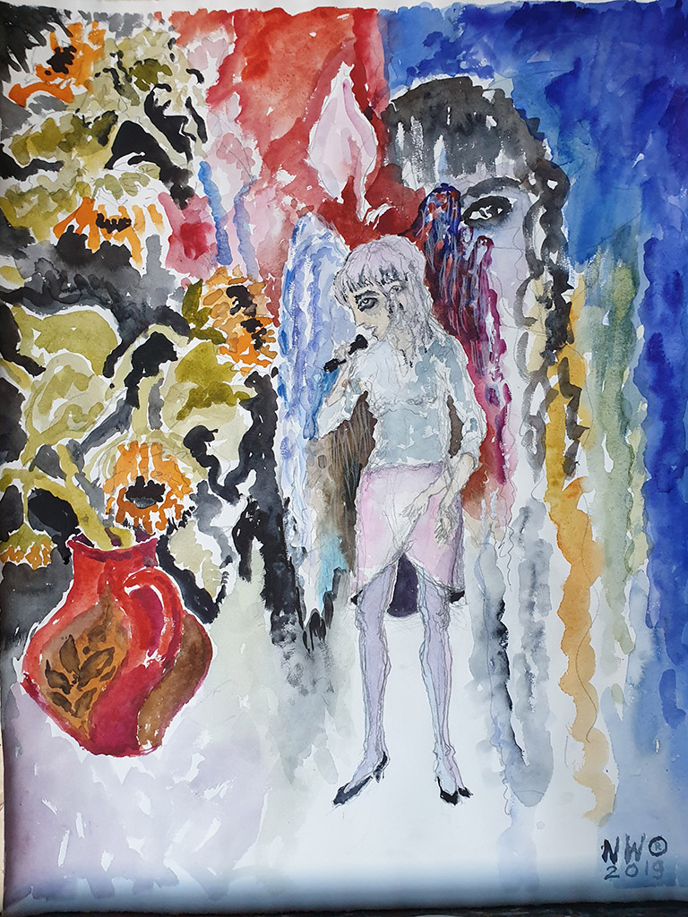 „Die zittrige Sängerin, mit der zittrigen Hand gezeichnet“, Bleistift  und Aquarell auf Papier 65 x 50 cm, 2019, Malerin Nina Werzhbinskaja-Rabinowich