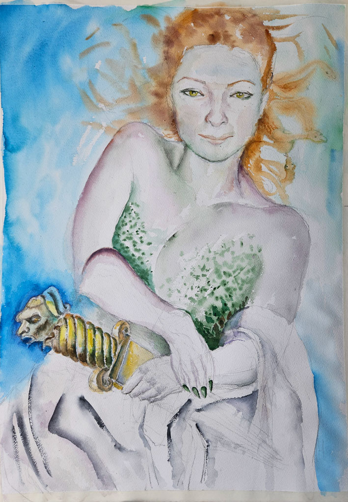 „Medusa, die Zufriedene“, Papier, Aquarell, 75 x 56 cm, 2023, Malerin Nina Werzhbinskaja-Rabinowich