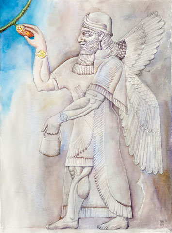 Gefl&uuml;gelter Geist vor dem heiligen Baum